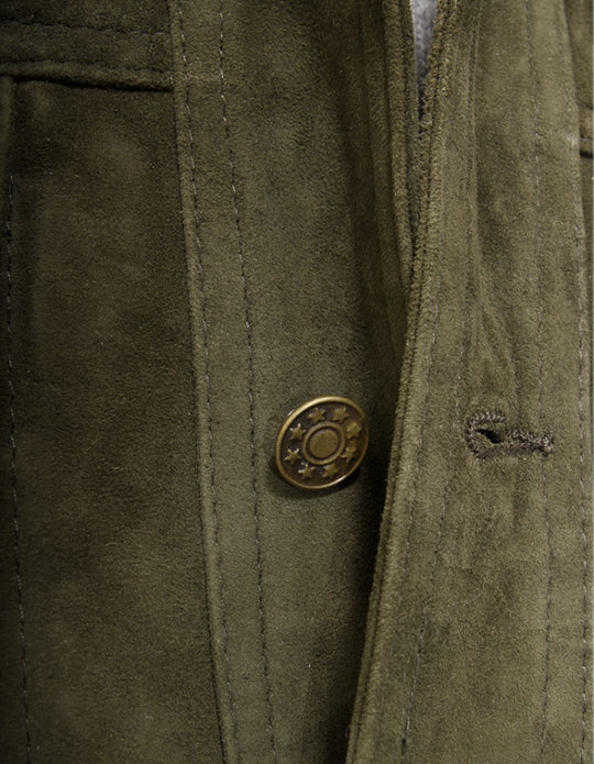 Men's Olive Green Suede Leather Shirt - Handmade Cowhide Jacket Shirt, Trucker Suede Jacket